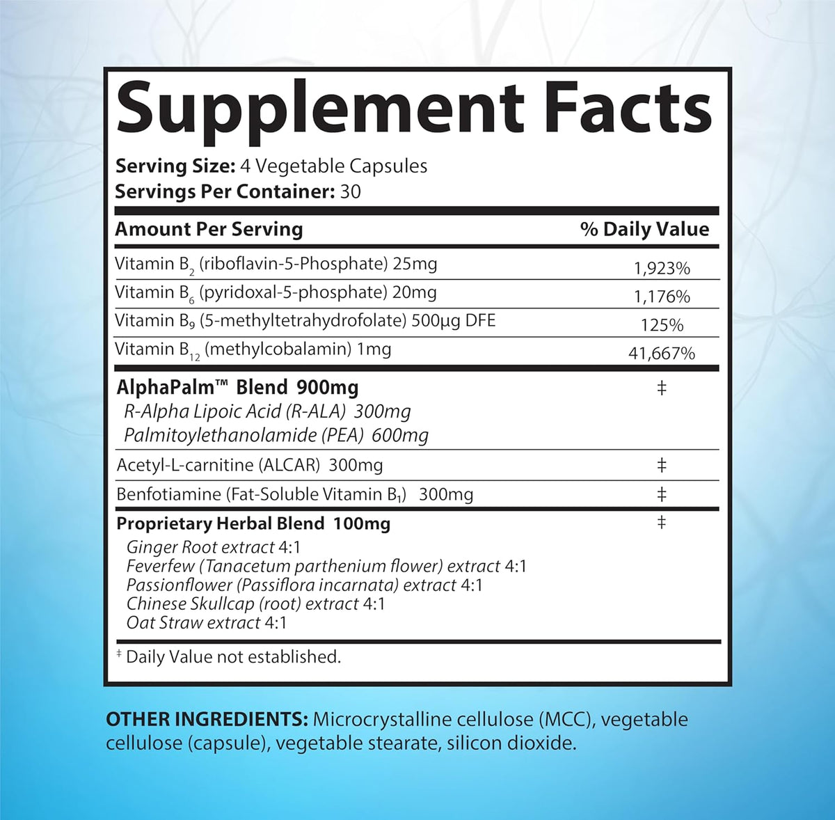 SciatiEase Supplement Facts. Serving size 4 vegetable capsules, 30 servings per container. Vitamins B2, B6, B9 and B12, AlphaPalm blend 900mg with R-alpha lipoic acid 300mg and PEA 600mg, Acetyl-L-carnitine 300mg, Benfotiamine 300mg, and a proprietary herbal blend 100mg.