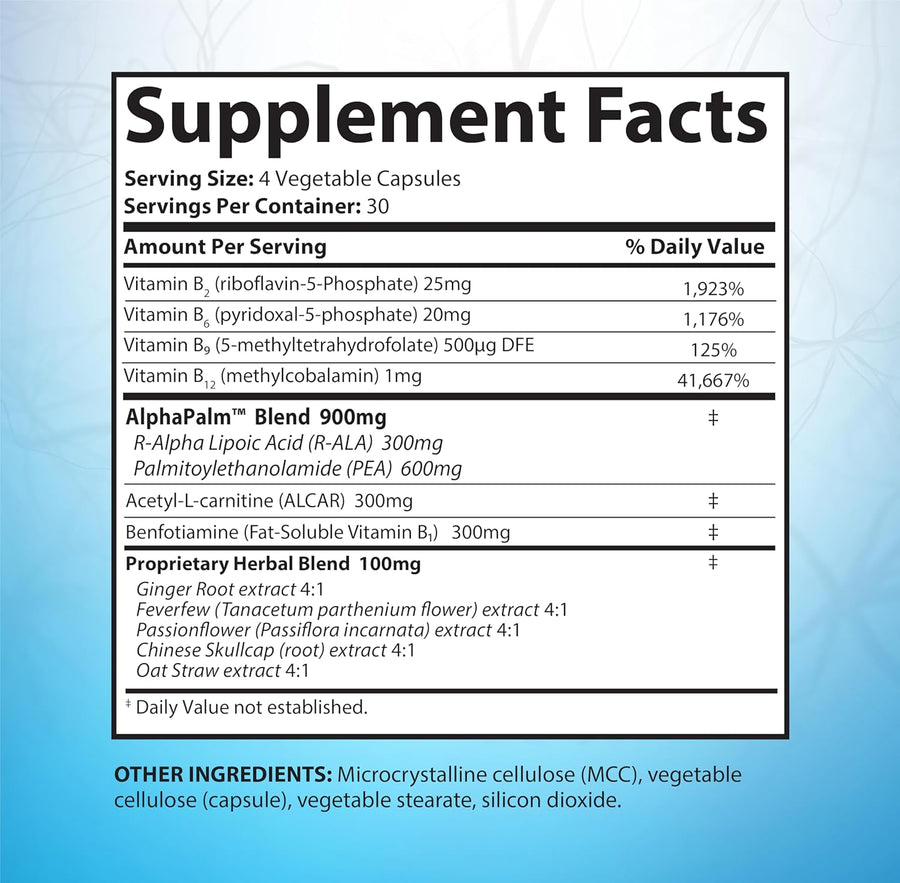 SciatiEase Supplement Facts. Serving size 4 vegetable capsules, 30 servings per container. Vitamins B2, B6, B9 and B12, AlphaPalm blend 900mg with R-alpha lipoic acid 300mg and PEA 600mg, Acetyl-L-carnitine 300mg, Benfotiamine 300mg, and a proprietary herbal blend 100mg.