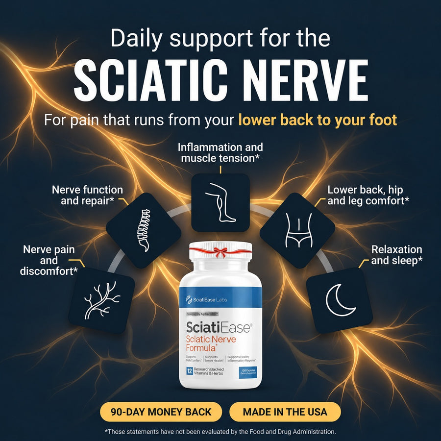 Daily support for the sciatic nerve: nerve comfort, nerve function, inflammation and muscle tension, lower back, hip and leg comfort, relaxation and sleep.