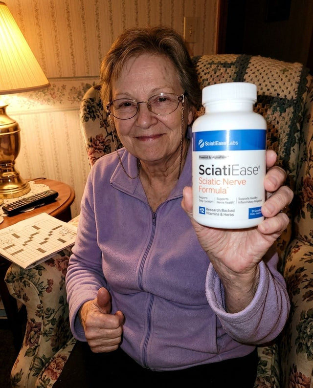 Marge H. holding a bottle of SciatiEase