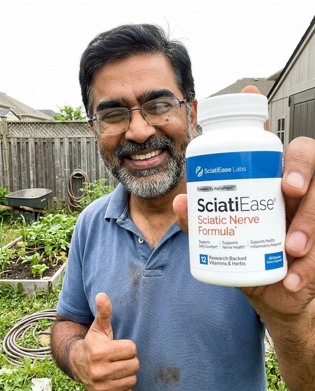 Raj M. holding a bottle of SciatiEase
