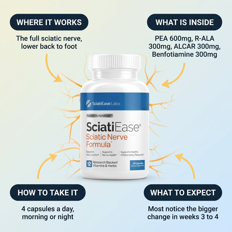 Where it works, what is inside, how to take it and what to expect. PEA 600mg, R-ALA 300mg, ALCAR 300mg, Benfotiamine 300mg. Four capsules a day.