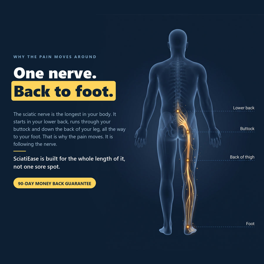 Diagram of the sciatic nerve running from the lower back through the buttock and down the back of the leg to the foot, which is why the pain moves around.