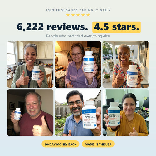 Six customers holding their own bottle of SciatiEase at home. 6,222 reviews, 4.5 stars.